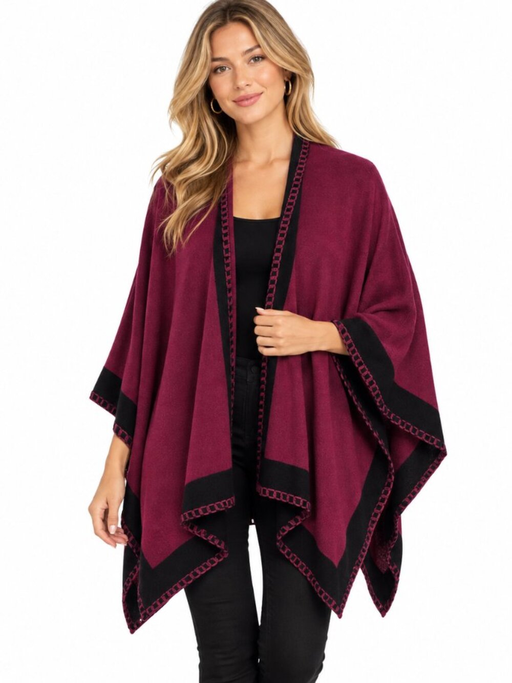 Patricia Nash Poncho Wrap O/S Burgundy Black Colorblock Blanket Stitch Boho